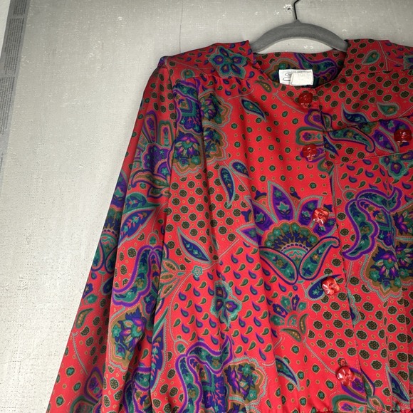 Vintage Serben Red Paisley Print Modest Long Sleeve Dress | Size: 12 - Picture 5 of 15